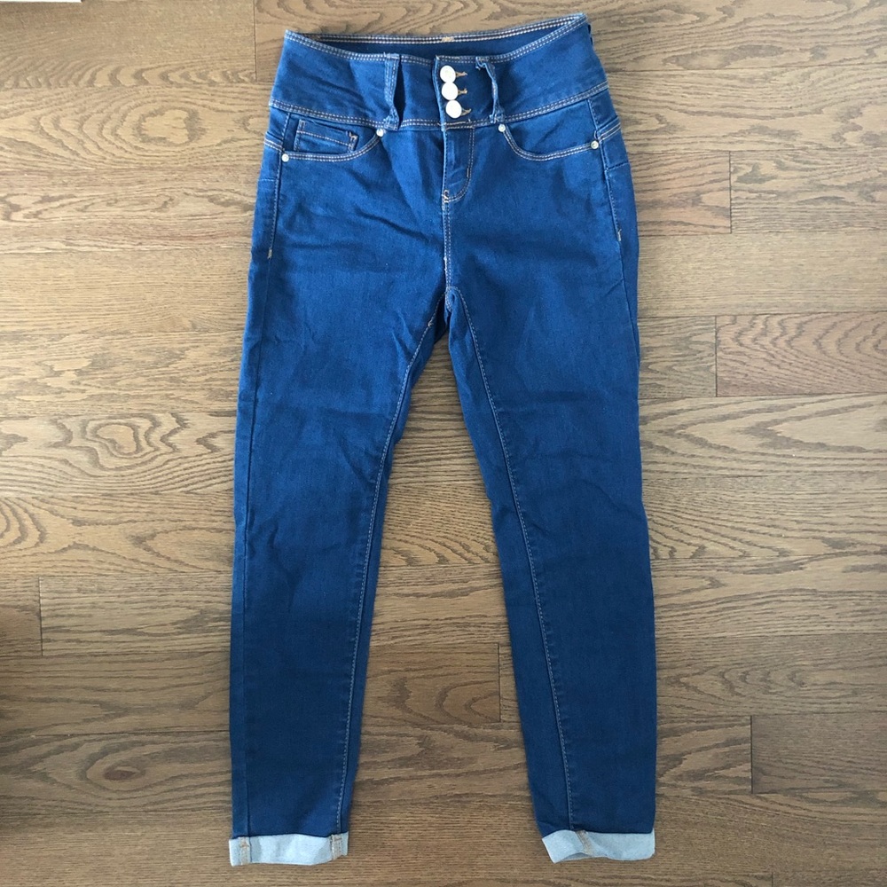 Forever 21 Denim Rolled Cuff Skinny Ankle Cropped Jeans High Waist Solid Blue